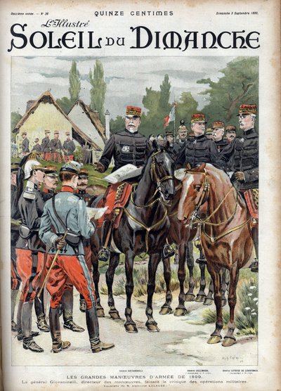 The great maneuvers of the 1899 army. General Giovaninelli, director of manoeuvres, criticizing military operations. Engraving in Le sun-du-dimanche, on 3 September 1899 by Unknown artist