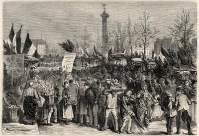The ham fair, Boulevard Bourdon in the 4th arrondissement of Paris near Place de la Bastille. A sign advertises mullet meat. Engraving in 