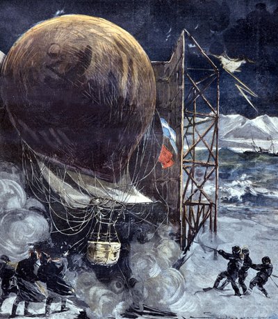 The hydrogen balloon Oernen by Swedish engineer Solomon Andrée (1854 - 1897) during a snowstorm on an island in Denmark, shortly before the departure for the North Pole, an expedition that will be lost. 1897 by Unknown artist