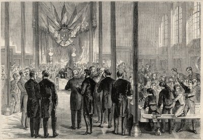 The imperial prince Eugene Louis Joseph (1856-1879) attending the banquet of the Saint Charlemagne in Paris, at the Lycee Bonaparte (then Lycee Condorcet). Engraving in 