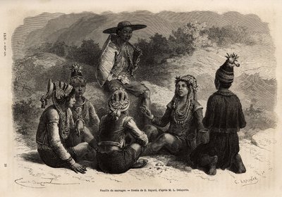 The indigenous population of Xieng Hong (Laos) in traditional costumes. Engraving illustrating a voyage of exploration in Indochina by Francis Garnier, published in 