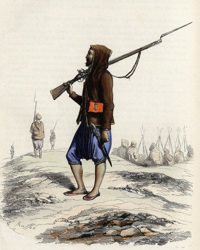 The infantry of Emir Abd-el-Kader resisting the French army during the Algiers expedition of 1830. In “L