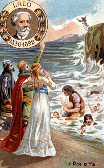 The king of Ys, legendary city of Brittany that would have been overwhelmed by the waves in the 4th or 5th century. Edouard Lalo (1823 - 1892), represented at the top left, composed the opera King of Ys (1888). Chromolithograph of the 19th century by Unknown artist