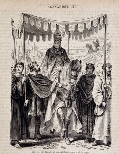 The kings of France Louis VII the Young and England escort Pope Alexander III - in Histoire des popes by Unknown artist