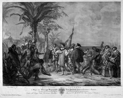 The landing of Christopher Columbus in San Salvador (Bahamas) on 12/10/1492. Engraving of the 19th century by Unknown artist
