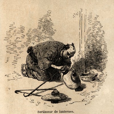The lantern crimper, without any instrument other than a clamp, adjusts to the paper lanterns their frame of hoops and wire hooks. Engraving to illustrate the journey to Japan, by Aime Humbert, minister of the Swiss Confederation, in 1863-1864, published i by Unknown artist