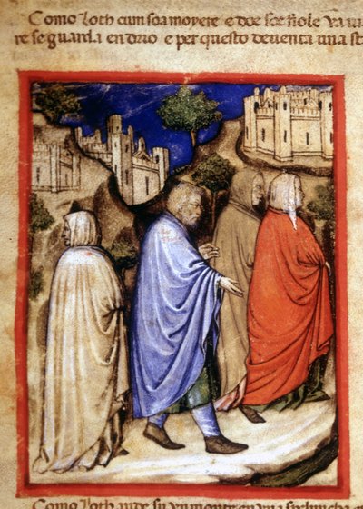 The Flight of Lot and His Wife Turned into a Salt Statue for Looking Back. Miniature from Codex 212 (or Padovano Codice or Bible of Padua) 1390-1400 Rovigo, Accademia dei Concordi by Unknown artist