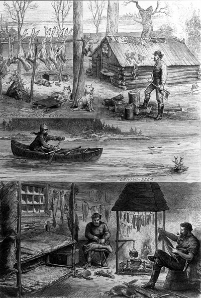 The life of trappers (professional hunters) in Canada: at the top, one of the trappers stands near his cabin, at the bottom, they work leather and extract the fur from the skin of the beets. Engraving of the 19th century by Unknown artist