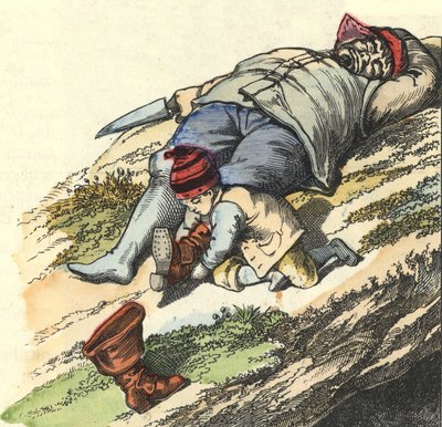The little poucet steals the boots from 7 places from the sleeping ogre. Illustration of the tale 