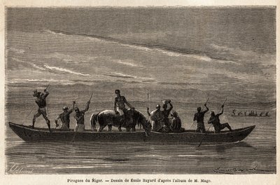 The long canoes of the Bambaras on the Niger River, maneuvered with long perches, can carry several people and even cattle or horses. Engraving to illustrate the voyage to Western Sudan of Lieutenant (Navy) M.Mage, in 1863-1866, published in Le tour du mo by Unknown artist