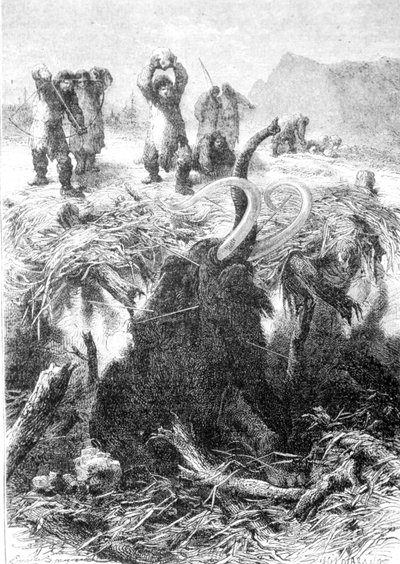 The Mammoth Hunt. Engraving from the End of the 19th Century by Unknown artist