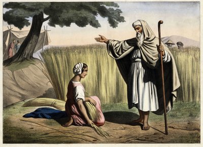 The meeting of Ruth and Boaz (Booz), grandparents of the King of Israel David (1000-972 BC). Anonymous engraving from the middle of the 19th century. by Unknown artist