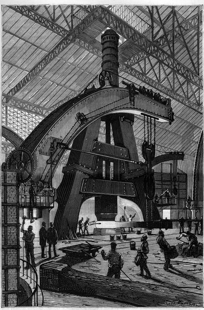 The metal industry: the Forge. The Creusot steam hammer as installed in the Schneider and Compagnie factories. Engraving in 
