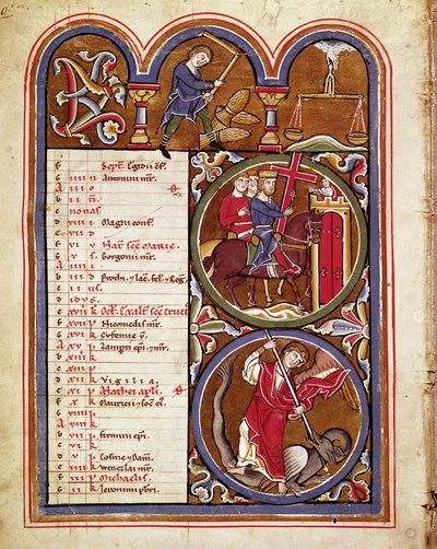 The month of September, agricultural work (harvests, threshing of the wheat with a flower), the feast of the exaltation of the cross, St. George defeating the dragon. Manuscript page from 