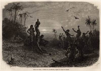 The moonlight ball, which closes the 18 year anniversary ceremony and the wedding of a young Indian man from Rio Verde (Brazil). Engraving to illustrate the voyage to New Granada, by Dr. Saffray, in 1869, published in “Le tour du monde” 1873, edited by Edo by Unknown artist