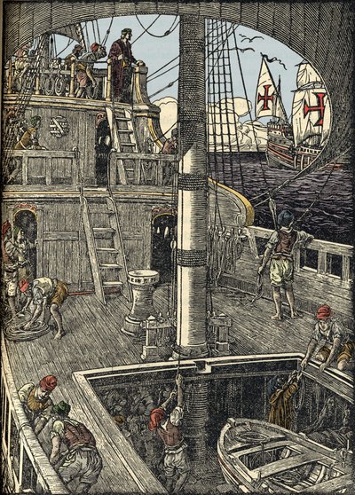 The navigator Christopher Columbus (1451-1506) aboard his caravel. by Unknown artist