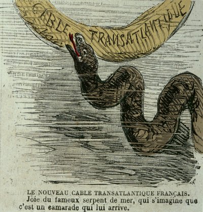 The New French Transatlantic Cable - Joy of the Famous Sea Snake. Humorous Drawing on the Giant Sea Snake and the Transatlantic Cable Laid in 1858. Era Engraving by Unknown artist