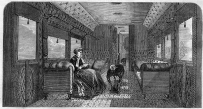 The new car of her majesty Princess of Wales for her train travel. Engraving in 