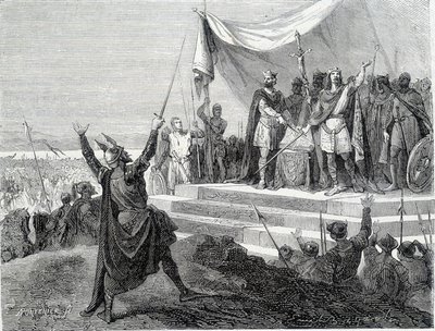 The oath of the two brothers before their armour: Charles II the Bald and Louis II the Germanic take the oath against Lothaire I (Oaths of Strasbourg 842). Engraving of the 19th century. by Unknown artist