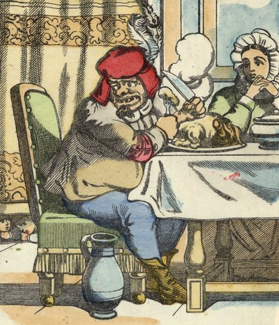 The ogre at the table, feels the presence of Little Poucet and his brothers. Illustration of the tale 