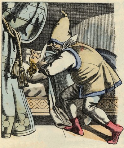 The ogre cuts the head of his seven daughters thinking of killing the Little Poulet and his brothers. Illustration of the tale 