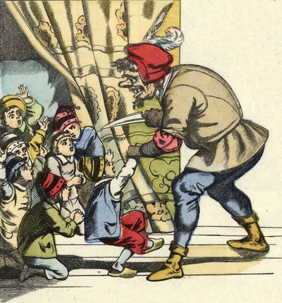 The ogre takes a child with the intention of devouring her. Illustration of the tale 