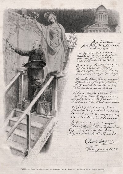 The painter Puvis de Chavannes (1824-1898) occupies painting - allegory by M. Merwart with a poesy by Clovis Hugues by Unknown artist