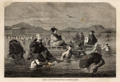 The passage of a ford, with presentation of the modes of carrying passengers and luggage. Engraving to illustrate the voyage to Japan, in 1863-1864, by Aime Humbert, minister of the Swiss Confederation, in 
