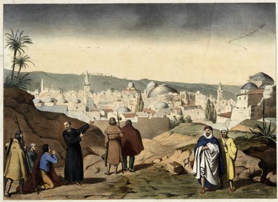 The pilgrims arrive at the city of Jerusalem. Anonymous engraving from the mid-19th century - in 