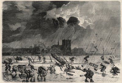The pier at the corner of the Saint Michel bridge in Paris during the hurricane of March 8. Engraving in 