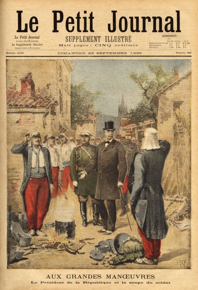 The president of the republic, Felix Faure (1841-1899), visits the troops in Langres during the great manoeuvres and tradition for all visitors, he tastes the soup of the soldier. Engraving in Le petit journal 22/09/1895. Selva