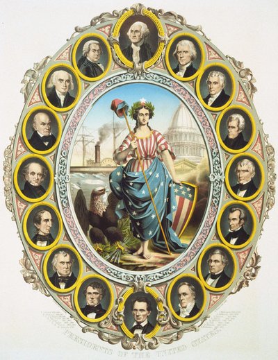 The presidents of the United States with the symbol of America in the middle. Up, Washington and down Abraham Lincoln. Poster published at the inauguration of Lincoln
