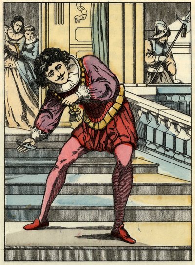 The prince picks up the glass shoe by Cinderella. Illustration of Charles Perrault