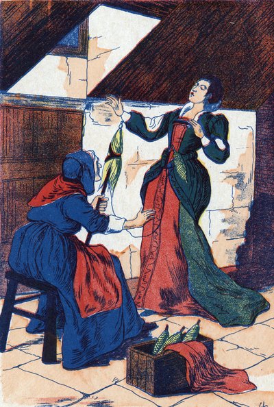 The princess pierces her hand and falls asleep. Anonymous illustration for 