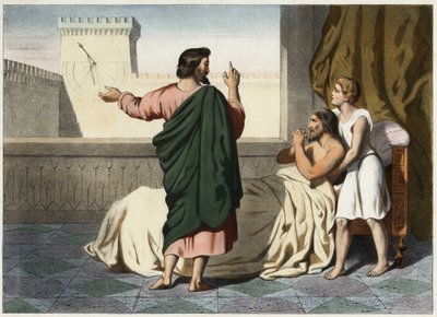 The Prophet Isaiah Announces His Healing to Hezekiah: The Sign Will Be to Push Back the Shadow of the Clock by Ten Degrees on the Dial of Ahaz. Anonymous Engraving from the Middle of the 19th Century. by Unknown artist