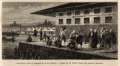 The quay and warehouses of rice shops in Taikoun (time sovereign of Japan), on the Ogawa River (which crosses Edo, present-day Tokyo). Engraving to illustrate the journey to Japan, by Aime Humbert, minister of the Swiss Confederation, in 1863-1864, publish by Unknown artist