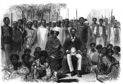 The queen of the Sakalaves, Anarina and her husband of howa origin, came under the protection of France during the expedition from Madagascar. Engraving in 