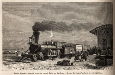 The Railway at Omaha Station (Nebraska), Starting Point of the Lines Leading to the Pacific. Engraving for Illustration of the Journey to the American Far West, by M. L. Simonin, 1867, Published in 