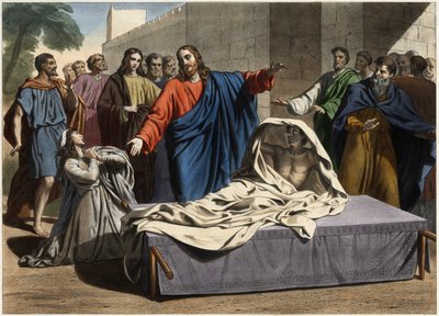 The resurrection of the son of the widow of Naim: Jesus Christ resurrects the only son of the widow. Engraving from the mid-19th century. by Unknown artist