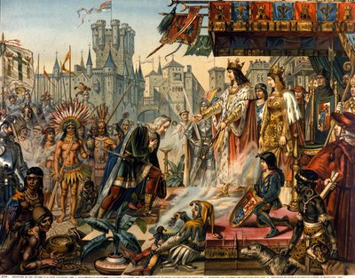 The return of Christopher Columbus to Spain before King Ferdinand II of Aragon and Isabella I of Castile after discovering America. 19th-century engraving by Unknown artist
