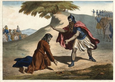 The return of Jacob and his meeting with Esau - Jacob returns to Canaan Land with his wives and children: he meets his brother Esau. Engraving of the half of the 19th century by Unknown artist