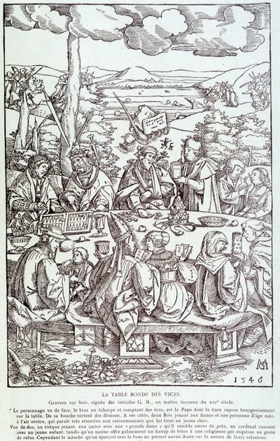 The round table of vices: play, greed, lust, pride... - Engraving 1546 by Unknown artist