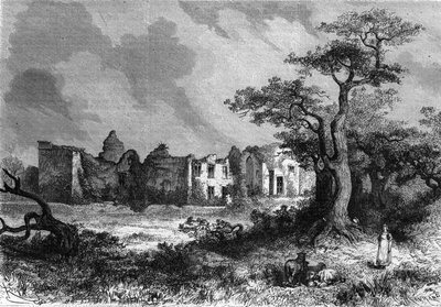 The ruins of the Chateau de la Mailleraye near Parthenay, Deux-Sevres. Engraving in 