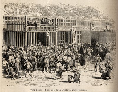 The sale of sake, a bustling auction for the new beverage in the public square by Unknown artist