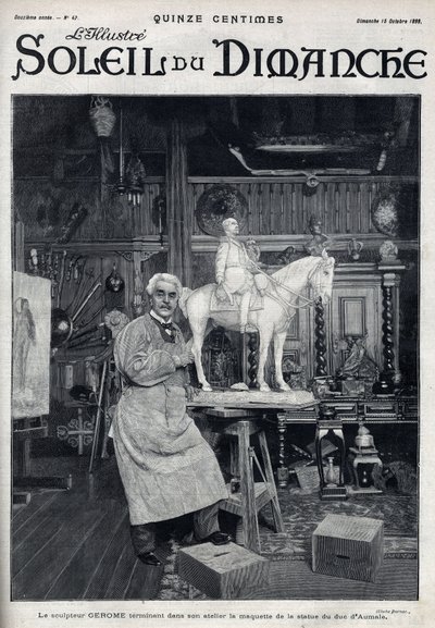 The sculptor Jean Leon Gerome finishes in his studio the model of the statue of the Duke of Aumale - Engraving in Le sun-du-dimanche, October 15 by Unknown artist