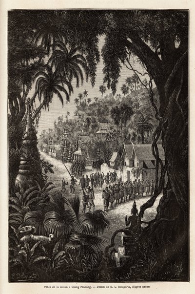The season celebrations in Luang Prabang, royal capital of Lan Xang (kingdom of the million elephants) (present-day Laos), consisting of a procession of the inhabitants and a pagoda of worship throughout the city. Engraving to illustrate a voyage of explor by Unknown artist