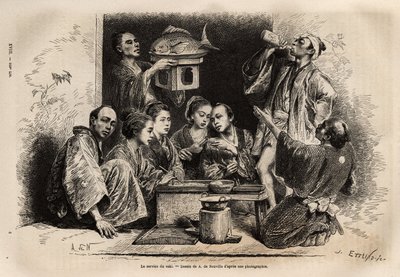 The service of sake, is what is most ceremonial in banquets, sake is brought in large lacquered pots or bronze cans, placed on a bamboo bar, heated in a bath in porcelain bottles; the cuts of materials and various sizes are richly decorated by Unknown artist
