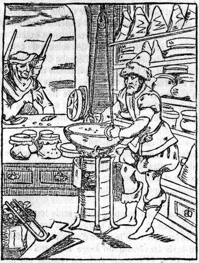 The shop of the apothecary and merchant of ointments and potions in the 16th century, the hairdresser takes care of a client