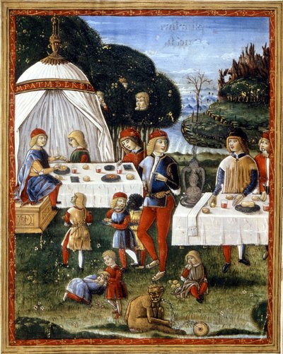 The snack of Maximilian Sforza (1490 - 1530) in the park (15th century manuscript) by Unknown artist