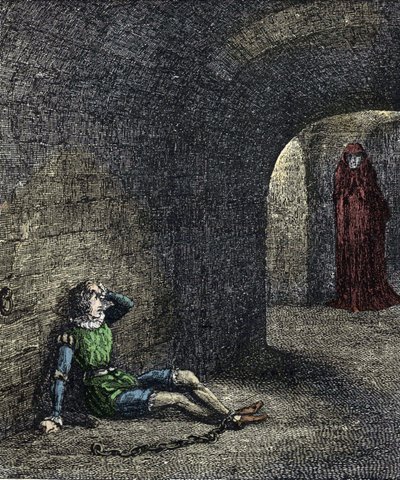 The spectre of the tower The prisoner chains in a dungeon sees a ghost before him. Illustration for The tower of london by William Harrison Ainsworth 19th century by Unknown artist